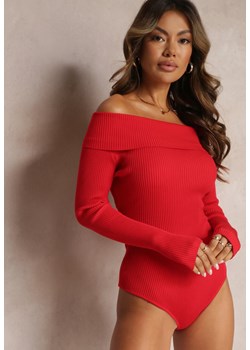 Czerwone Wiskozowe Prążkowane Body Hiszpanka z Długim Rękawem Hirshan ze sklepu Renee odzież w kategorii Bluzki damskie - zdjęcie 162411086