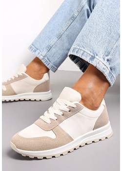 Biało-Ciemnobeżowe Sznurowane Sneakersy na Płaskiej Podeszwie z Wycięciami i Wstawkami Zaylynn ze sklepu renee.pl w kategorii Buty sportowe damskie - zdjęcie 162449305