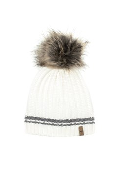 Damska czapka z wzorem w paski i pomponem kremowa ze sklepu WITTCHEN w kategorii Czapki zimowe damskie - zdjęcie 162559256