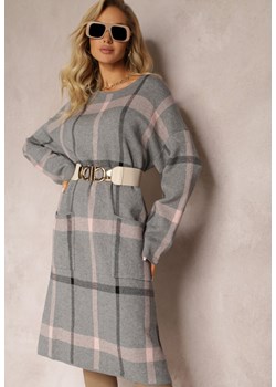 Szara Midi Sukienka w Kratę z Kieszeniami o Pudełkowym Fasonie Bamira ze sklepu Renee odzież w kategorii Sukienki - zdjęcie 162631856