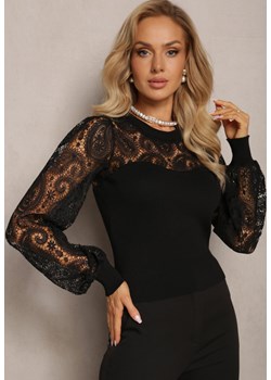 Czarna Bluzka z Koronkowymi Rękawami i Dekoltem Crasve ze sklepu Renee odzież w kategorii Bluzki damskie - zdjęcie 162705518
