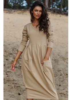 Casualowa sukienka z dzianiny dresowej piaskowa NU454, Kolor piaskowy, Rozmiar S, NUMINOU ze sklepu Primodo w kategorii Sukienki - zdjęcie 162712349