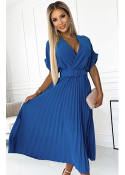 Plisowana sukienka midi z szerokim paskiem niebieska Felicia 471-3, Kolor niebieski, Rozmiar one size, Numoco ze sklepu Primodo w kategorii Sukienki - zdjęcie 162735727