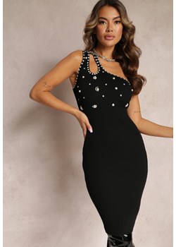 Czarna Dopasowana Sukienka z Asymetrycznym Dekoltem z Cyrkoniami Seoane ze sklepu Renee odzież w kategorii Sukienki - zdjęcie 162740488