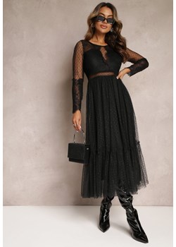 Czarna Rozkloszowana Sukienka Maxi z Koronkowymi Wstawkami i Tiulem Kollla ze sklepu Renee odzież w kategorii Sukienki - zdjęcie 162740529