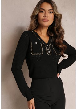 Czarny Prążkowany Sweter z Cienkim Łańcuszkiem Nacorella ze sklepu Renee odzież w kategorii Swetry damskie - zdjęcie 162740939