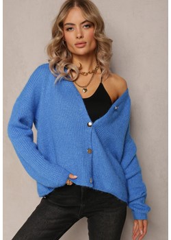 Niebieski Kardigan z Trójkątnym Dekoltem na Guziki Ozdobiony Połyskującą Nitką Sdlyla ze sklepu Renee odzież w kategorii Swetry damskie - zdjęcie 162743055