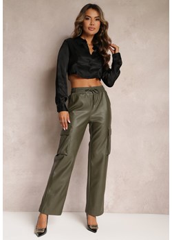 Ciemnozielone Szerokie Spodnie w Stylu Cargo z Kieszeniami na Klapy Mixana ze sklepu Renee odzież w kategorii Spodnie damskie - zdjęcie 162747698