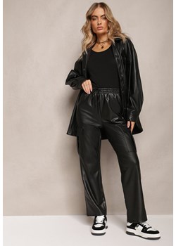 Czarne Szerokie Spodnie High Waist Ocieplone w Stylu Cargo z Gumką w Pasie i Kieszeniami na Klapy Vilencja ze sklepu Renee odzież w kategorii Spodnie damskie - zdjęcie 162747789