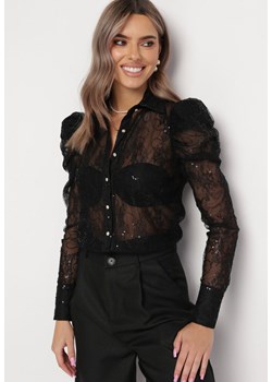 Czarna Koronkowa Koszula z Przezroczystego Materiału Ozdobiona Cekinami Meligura ze sklepu Born2be Odzież w kategorii Koszule damskie - zdjęcie 162749875