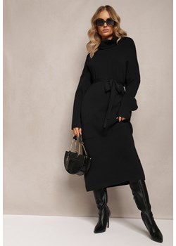 Czarna Sweterkowa Sukienka z Materiałowym Paskiem i Wywijanym Golfem Raileanu ze sklepu Renee odzież w kategorii Sukienki - zdjęcie 162750516