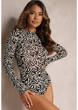 Beżowo-Czarne Siateczkowe Body z Geometrycznym Wzorem Ponzara ze sklepu Renee odzież w kategorii Bluzki damskie - zdjęcie 162786105
