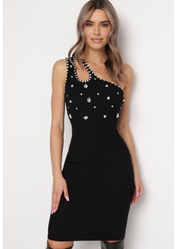 Czarna Prążkowana Sukienka z Asymetrycznym Dekoltem i Cyrkoniami Taboada ze sklepu Born2be Odzież w kategorii Sukienki - zdjęcie 162790399