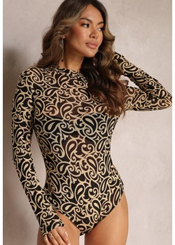 Czarneo-Beżowe Siateczkowe Body z Geometrycznym Wzorem Ponzara ze sklepu Renee odzież w kategorii Bluzki damskie - zdjęcie 162791175