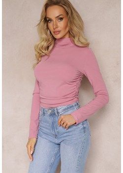 Różowa Bluzka z Bawełny Ozdobiona Marszczeniami z Półgolfem Abuase ze sklepu Renee odzież w kategorii Bluzki damskie - zdjęcie 162791298