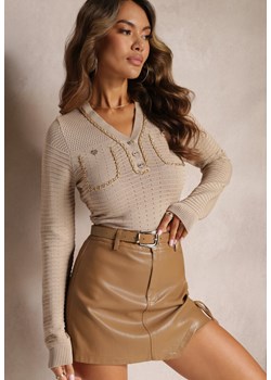 Beżowy Prążkowany Sweter z Cienkim Łańcuszkiem Nacorella ze sklepu Renee odzież w kategorii Swetry damskie - zdjęcie 162791518