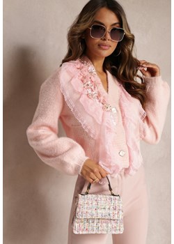 Różowy Kardigan z Puchatej Dzianiny z Falbankami i Naszywkami Ashlese ze sklepu Renee odzież w kategorii Swetry damskie - zdjęcie 162794436