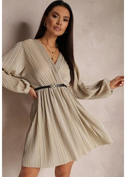 Beżowa Sukienka Metaliczna Plisowana z Paskiem Fonelle ze sklepu Renee odzież w kategorii Sukienki - zdjęcie 162805597