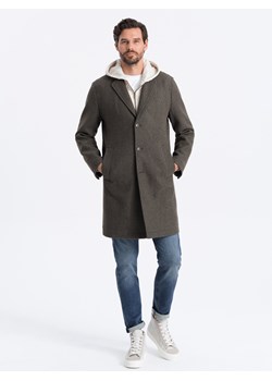 Męski lekki płaszcz jednorzędowy - grafitowy-khaki V6 OM-COWC-0104 ze sklepu ombre w kategorii Płaszcze męskie - zdjęcie 162811499