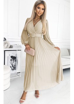 Plisowana sukienka z paskiem beżowa 414-8 Klara, Kolor beżowy, Rozmiar one size, NUMOCO BASIC ze sklepu Primodo w kategorii Sukienki - zdjęcie 162817608