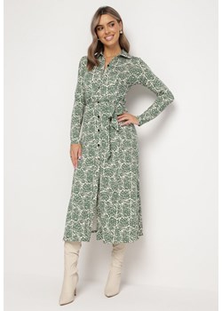 Zielona Sukienka Midi Koszulowa Ozdobiona Wzorem w Kwiaty Robines ze sklepu Born2be Odzież w kategorii Sukienki - zdjęcie 162820585