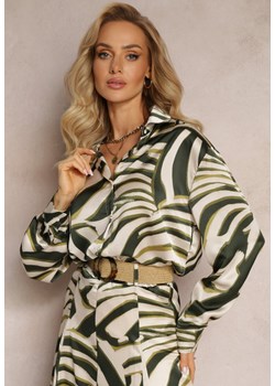 Zielono-Beżowa Satynowa Koszula z Zapięciem na Guziki Fattia ze sklepu Renee odzież w kategorii Koszule damskie - zdjęcie 162830307