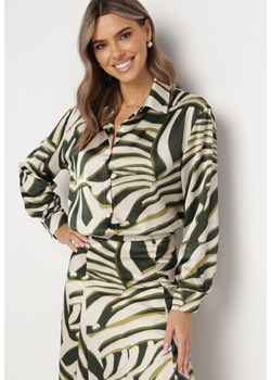 Zielono-Beżowa Koszula z Satyny Zapinana na Guziki Hadeela ze sklepu Born2be Odzież w kategorii Koszule damskie - zdjęcie 162844518
