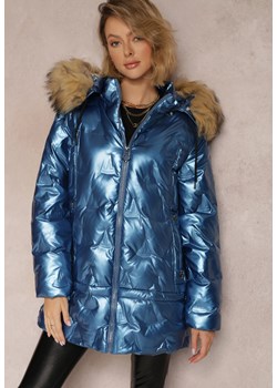 Niebieska Kurtka Metaliczna z Futrzanym Kapturem Kajol ze sklepu Renee odzież w kategorii Kurtki damskie - zdjęcie 162844547
