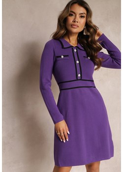 Fioletowa Sukienka o Taliowanym Fasonie z Cyrkoniami i Guzikami Adronda ze sklepu Renee odzież w kategorii Sukienki - zdjęcie 162844657