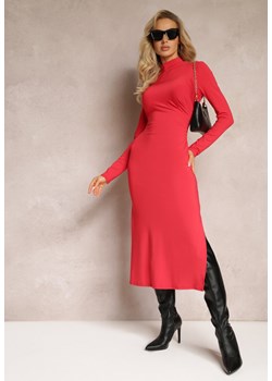 Czerwona Sukienka Midi z Marszczeniem i Rozcięciem Vangia ze sklepu Renee odzież w kategorii Sukienki - zdjęcie 162852678