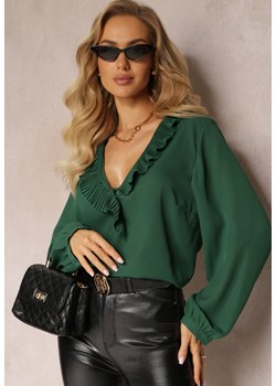 Zielona Bluzka z Falbanką i Guzikami przy Trójkątnym Dekolcie Summu ze sklepu Renee odzież w kategorii Bluzki damskie - zdjęcie 162893657