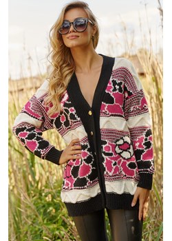Sweter damski kardigan różowo-śmietankowo-czarny S143, Kolor różowo-czarny, Rozmiar one size, Makadamia ze sklepu Primodo w kategorii Swetry damskie - zdjęcie 162906539