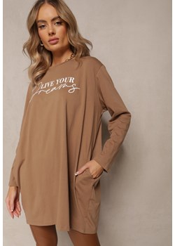 Ciemnobeżowa Bawełniana Bluzka Tunika z Nadrukowanym Napisem Lashaunta ze sklepu Renee odzież w kategorii Bluzki damskie - zdjęcie 162946597