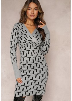 Szara Dzianinowa Sukienka w Geometryczny Wzór z Kopertowym Dekoltem Isobell ze sklepu Renee odzież w kategorii Sukienki - zdjęcie 162946755