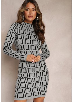 Szara Mini Sweterkowa Sukienka o Dopasowanym Fasonie z Geometrycznym Wzorem Minametta ze sklepu Renee odzież w kategorii Sukienki - zdjęcie 162946765
