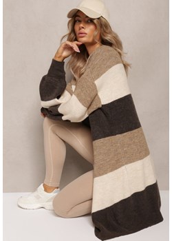 Beżowy Luźny Kardigan Niezapinany w Paski Blikoze ze sklepu Renee odzież w kategorii Swetry damskie - zdjęcie 163441497