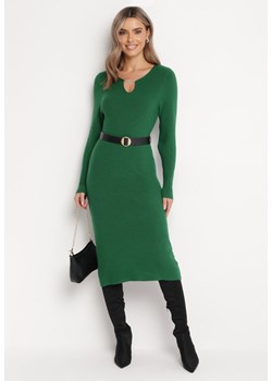 Zielona Dzianinowa Sukienka Midi z Metalową Ozdobą na Dekolcie Mevinkia ze sklepu Born2be Odzież w kategorii Sukienki - zdjęcie 163444496