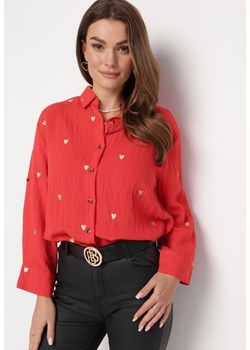 Czerwona Bawełniana Koszula o Luźnym Fasonie z Rękawami 7/8 w Serduszka Kosti ze sklepu Born2be Odzież w kategorii Koszule damskie - zdjęcie 163468428