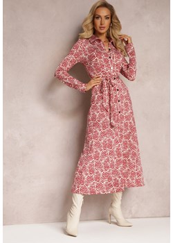 Bordowa Koszulowa Sukienka w Ornamentalny Wzór Wiązana w Pasie Hanname ze sklepu Renee odzież w kategorii Sukienki - zdjęcie 163492508