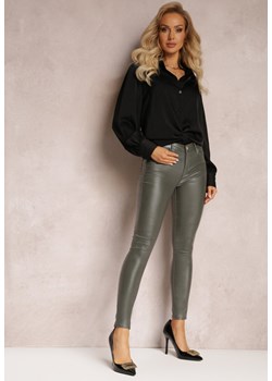 Ciemnozielone Spodnie Push Up z Ekoskóry z Ozdobnym Brokatem Krismma ze sklepu Renee odzież w kategorii Spodnie damskie - zdjęcie 163492518