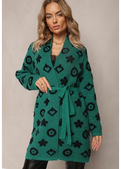 Zielony Kardigan z Wiązanym Paskiem Ozdobiony Wzorem w Kwiaty Timonen ze sklepu Renee odzież w kategorii Swetry damskie - zdjęcie 163492649