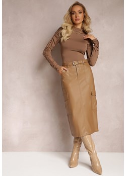 Beżowa Spódnica Midi z Imitacji Skóry Paskiem i Kieszeniami Cargo Edvardisa ze sklepu Renee odzież w kategorii Spódnice - zdjęcie 163501938