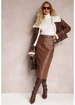 Brązowa Spódnica Midi z Imitacji Skóry Paskiem i Kieszeniami Cargo Edvardisa ze sklepu Renee odzież w kategorii Spódnice - zdjęcie 163552549