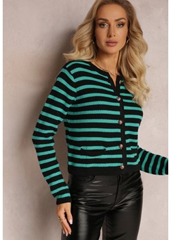 Zielony Kardigan Zapinany na Guziki w Paski Obatana ze sklepu Renee odzież w kategorii Swetry damskie - zdjęcie 163564395