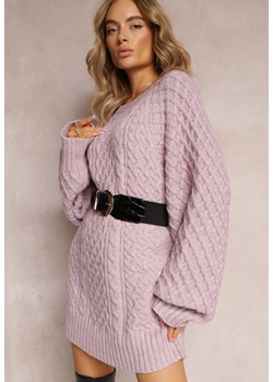 Fioletowy Długi Sweter Ozdobiony Drobnym Splotem Killoe ze sklepu Renee odzież w kategorii Swetry damskie - zdjęcie 163564606