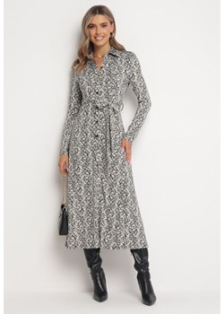 Czarno-Biała Koszulowa Sukienka Midi z Wiązanym Paskiem Loloriana ze sklepu Born2be Odzież w kategorii Sukienki - zdjęcie 163570179