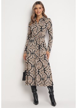 Beżowa Rozkloszowana Sukienka Koszulowa we Wzór Paisley Jeulia ze sklepu Born2be Odzież w kategorii Sukienki - zdjęcie 163570189