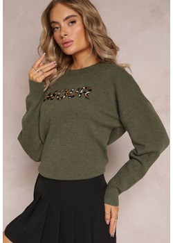 Ciemnozielony Sweter z Naszywkami z Napisem Amour Mavilla ze sklepu Renee odzież w kategorii Swetry damskie - zdjęcie 163571048