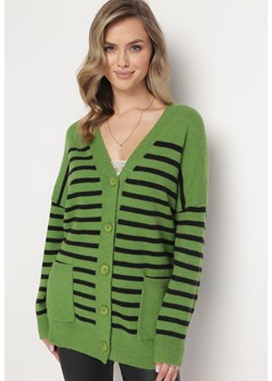 Zielony Długi Kardigan w Paski z Kieszeniami Fellesa ze sklepu Born2be Odzież w kategorii Swetry damskie - zdjęcie 163583996