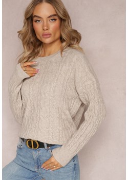 Jasnobeżowy Sweter z Okrągłym Dekoltem i Splotem w Warkocze Dawnittta ze sklepu Renee odzież w kategorii Swetry damskie - zdjęcie 163592749